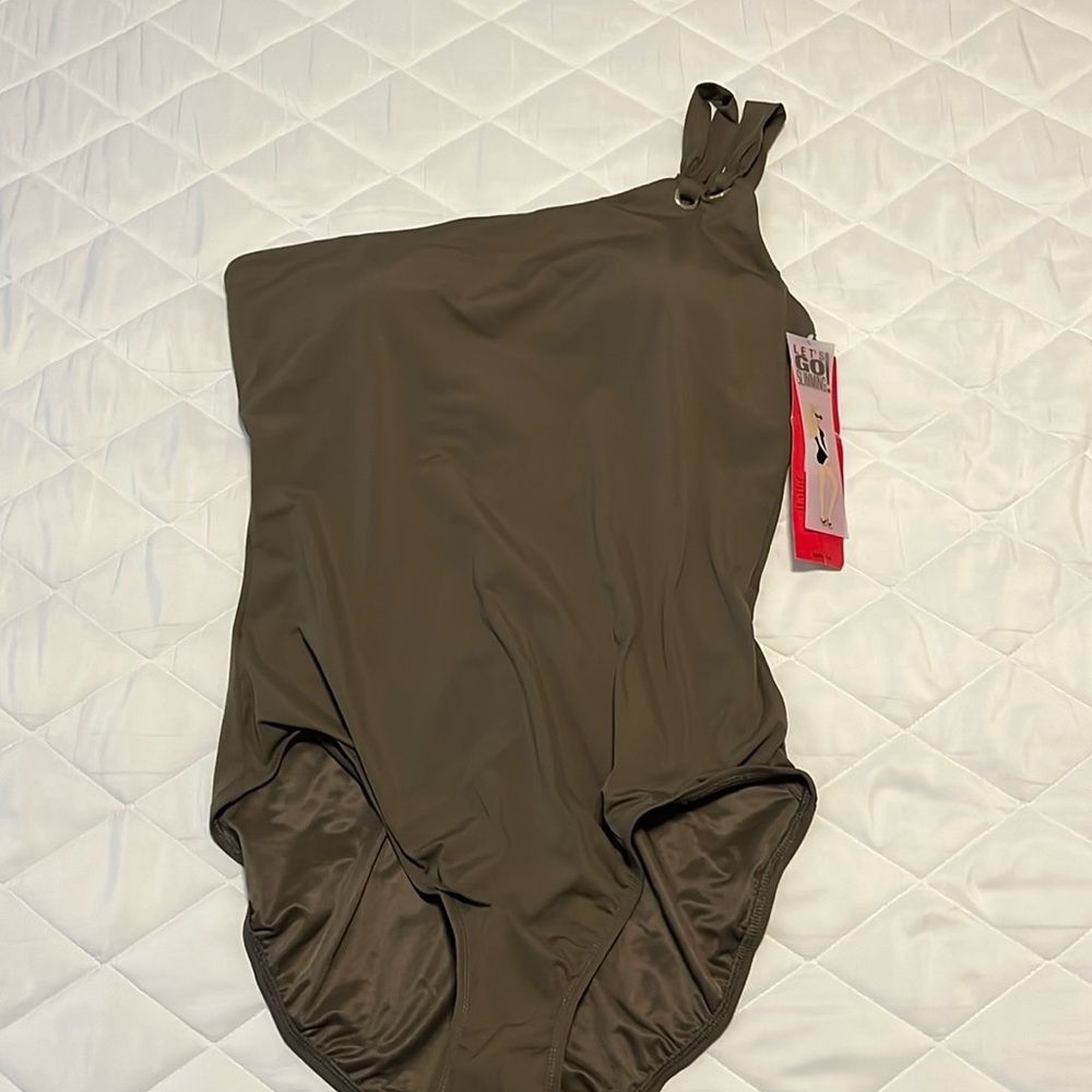 Spanx on shoulder olive green swim suit one piece 16